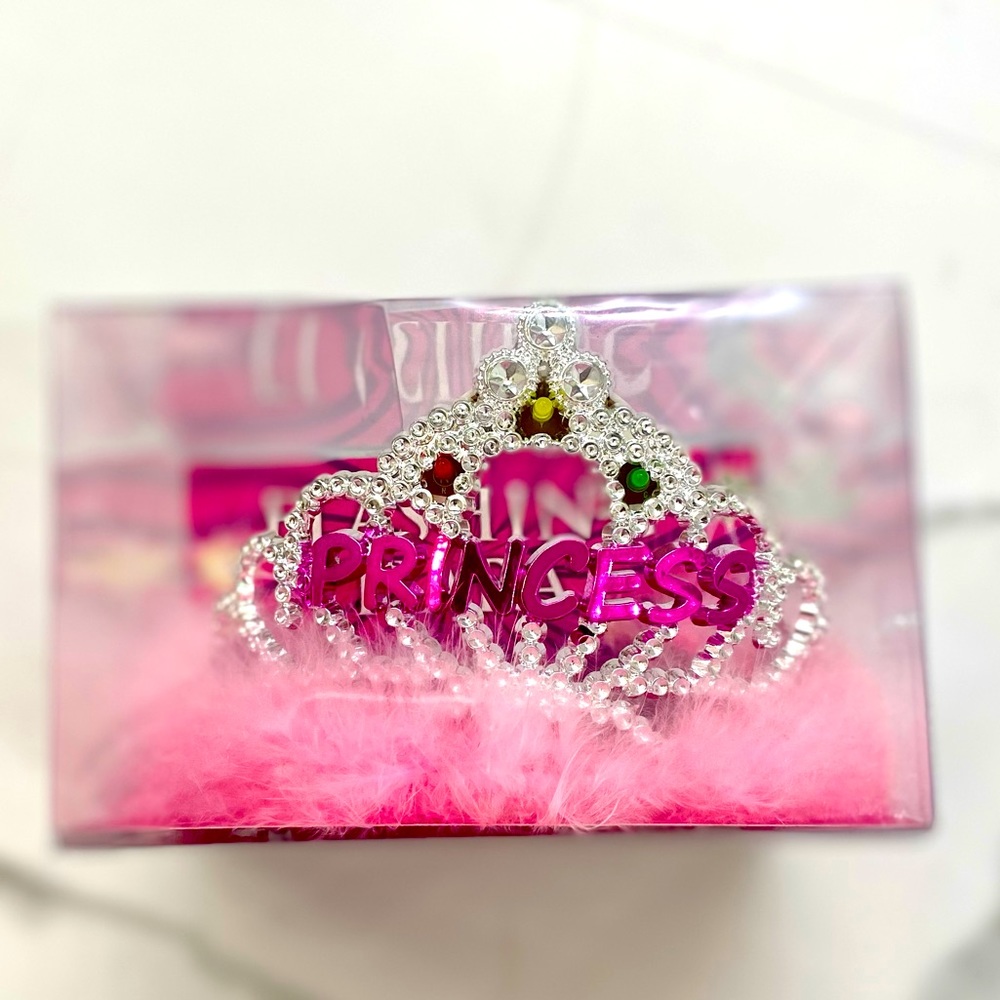Little Girls Tiara, silver with pink feather trim.